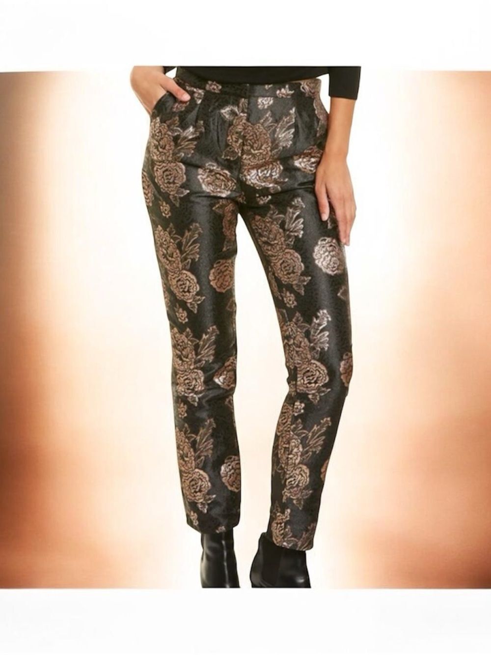 Sage Metallic Floral Straight Leg Pants - Black & Gold - Picture 1 of 8